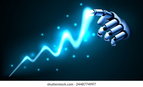 Success Neon Graph Line Chart With Robot Hand Finger. EPS10 Vector