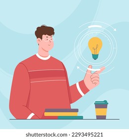 Success of new discovery and creative idea vector illustration. Cartoon smart young man with bright light bulb over hand thinking on future business startup, discovery and motivation of person