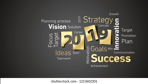 Success New Year 2019 gold white word cloud black board background