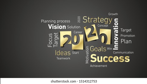 Success New Year 2020 gold white word cloud black board background