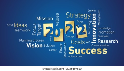 Success New Year 2022 shining gold white word cloud blue board background