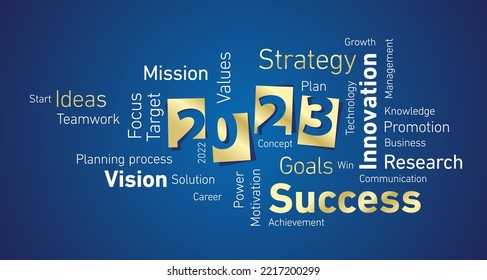 Success New Year 2023 shining golden white word cloud blue board background