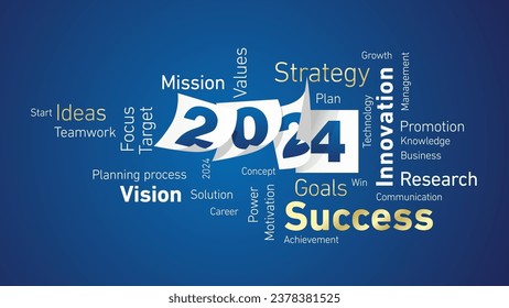 Success New Year 2024 shining golden white word cloud text with calendar 2024 pages blue board background