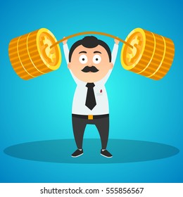 success office character next to the barbell of coins (money). vector illustration