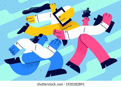 Success, office workers, leadership concept. Group of positive workers business people running to achieve goals together showing professional skills and motivation vector illustration