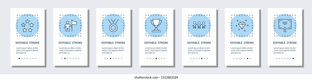 Success Onboarding Mobile app Page Screen with Linear Concepts. Cup, Ribbon, Star, Winner, Reward and more. Steps Graphic Instructions. UX, UI, GUI Vector Template with illustrations