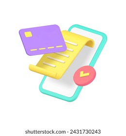 Success online payment card receipt banking smartphone application 3d icon realistic vector illustration. E money approve transaction shopping commercial financial transfer technology mobile phone app