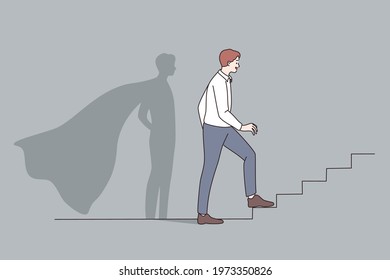 Success, opportunities, leadership concept. Young businessman standing on ladder forward and looking ahead for new possibilities and development with hero shadow behind vector illustration 