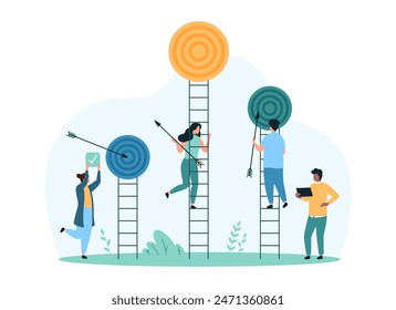 Success opportunity in business competition, career challenge, motivation and creative solution. Tiny people climb up ladders high to reach bullseye of target with arrow cartoon vector illustration