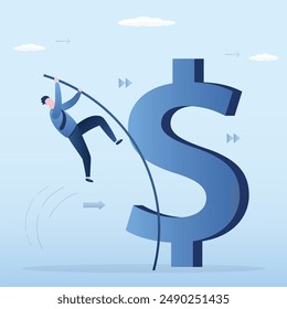 Success opportunity, change to new business bright future, overcome business or financial difficulty concept, ambitious businessman pole vault over huge dollar sign. Increasing earnings. flat vector