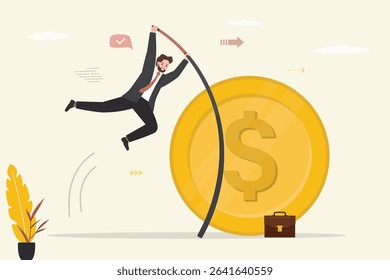 Success opportunity, change to new business bright future, overcome business or financial difficulty concept, ambitious businesswoman pole vault over huge dollar sign. Increasing earnings. flat vector