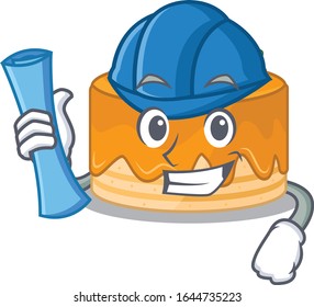 Un éxito del arquitecto de tartas naranjas con huellas azules y casco azul