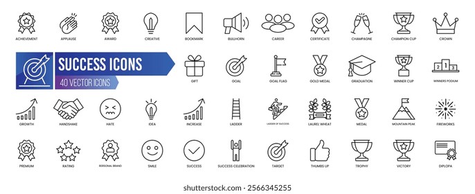 SUCCESS - Outline Icon Collection. Thin Line Set contains such Icons as Achievement, Applause, Award, Badge Medal and more. Simple web icons set.