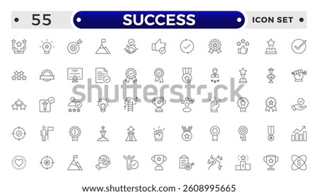 Success outline web icons set. Success, achievement, successful, strategy, winner, teamwork, goal, brainstorm, challenge and task. 
