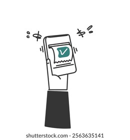success paper receipt transfer on mobile phone doodle drawing style 