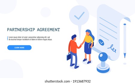 Success partnership agreement. Man and Woman finishing successful business deal. Isometric web banner. Vector illustration.