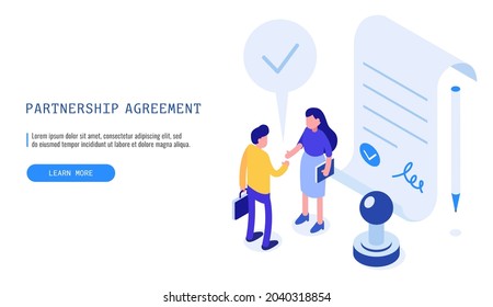 Success partnership agreement. Woman and Man finishing successful business deal. Isometric vector web banner.