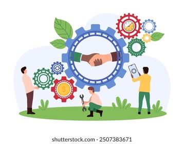 Success partnership, alliance and agreement of partners on meeting, company cooperation. Handshake of big hands inside gear, tiny people work on machine of business process cartoon vector illustration