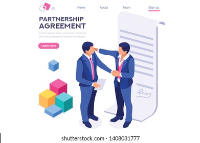 Erfolgreiche Partnerschaft erfolgreich Vertrag Grußpartner Leadership Freundschaftsvertrag Idee Konzept für Web-Banner Infografiken. Flat-Isometrische Illustration einzeln auf weißem Hintergrund