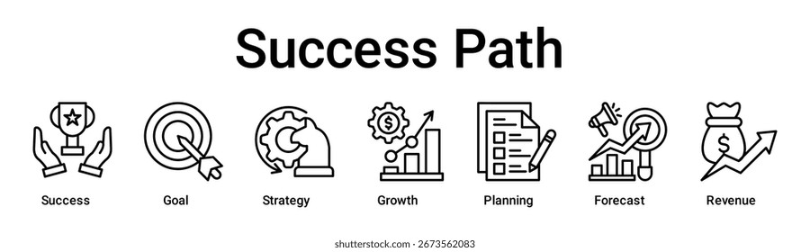 Concepto de Ilustración vectorial de ícono de Web de Anuncio de ruta de éxito para negocios con ícono de éxito, objetivo, estrategia, crecimiento, planificación, pronóstico.