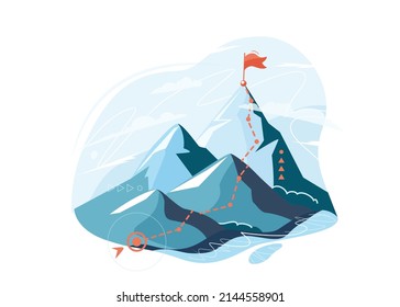 Success path on mountains background isolated on white. Mountain climbing progress route to peak in flat minimal style. Business journey vector illustration.