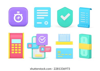 Success payment e money financial banking transaction smartphone application set 3d icon realistic vector illustration. Currency exchange accounting business communication POS terminal pay countdown