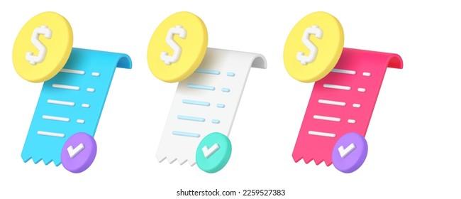 Success payment paper receipt banking purchase financial guarantee 3d icon set realistic vector illustration. Commercial bill control check mark order invoice approved transaction money paid complete