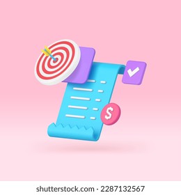 Correcto documento de recibo de papel de pago completo transacción de dinero financiero Icono 3d ilustración vectorial realista. Factura pagada aprobación compra venta al por menor compra compra venta bancaria factura