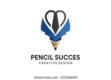 Diseño del logotipo del lápiz de éxito, ilustración del vector del lápiz combinada con corbata en el corazón