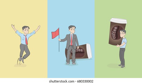 Success of a person after drinking coffee. vector illustration.