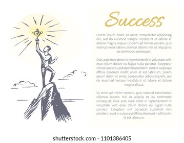 Success person standing on top of mountain holding prize in hands, successfull man text sample headline vector illustration isolated white background