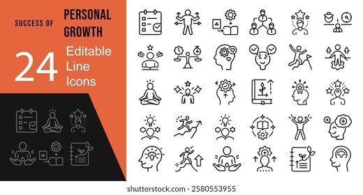 Success Of Personal Growth Editable Icons set Vector Illustration In Modern Thin Line Style Of Human Lifestyle icons: Personal, Mental, And Work Life Growth, Progress, Career.