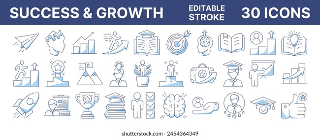 Success and personal, professional, financial or career growth, upskilling. Linear vector icon set, editable stroke, color. Business, education collection, progress, goal achievement, motivation signs