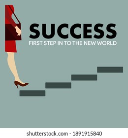 Success poster. Successful steps. Women stepping stairs vector. Template flyer.