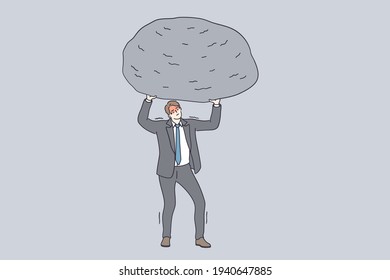 Success, power, strength and stamina concept. Powerful businessman cartoon character in grey suit standing and holding huge stone above head feeling tired and exhausted vector illustration 