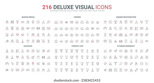 Success prize, gold cup award of athlete, crown and medal of winner line icon set. Sports and yoga training, smart watch monitoring app thin black and red outline symbols vector illustration