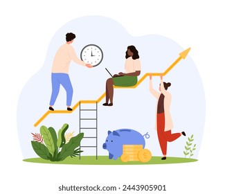 Success, productivity and progress in finance development of business company. Tiny people work on growth, woman holding graph arrow up, saving money in piggy bank cartoon vector illustration