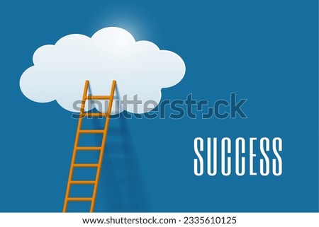 Success and progress concept with wooden ladder leading to white cloud 