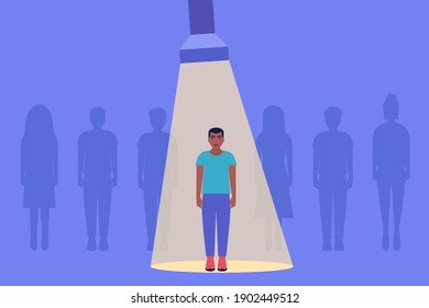 Success, promotion, choice concept. Candidate selection concept. Flashlight shines on a young man. Colorful flat vector illustration