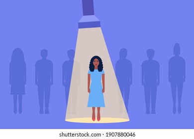 Success, promotion, choice concept. Candidate selection concept. Flashlight shines on a young woman. Colorful flat vector illustration