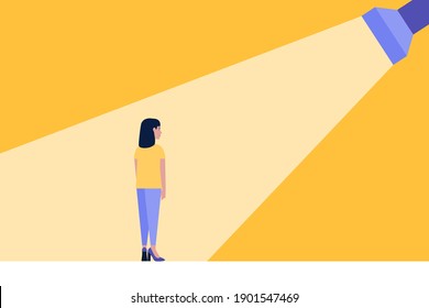 Success, promotion, choice concept. Flashlight shines on a young woman. Colorful flat vector illustration