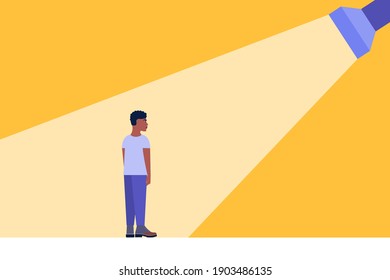 Success, promotion, choice concept. Flashlight shines on a young man. Colorful flat vector illustration