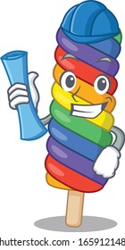 A success of rainbow ice cream Architect having blue prints and blue helmet