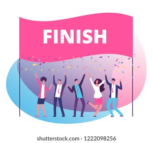 Success reach goal concept. Business persons celebrating victory at finish line. Compete in business motivation vector poster