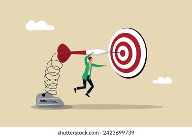 Success, reaching the goal despite all difficulties, overcoming work or personal challenges, business man throwing darts at the target board