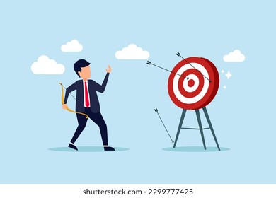Success reaching goal or target, victory or winner, accuracy and achievement to hit target bullseye, efficiency or perfection concept, businessman archery shoot all his bows hitting bullseye target.