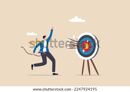 Success reaching goal or target, victory or winner, accuracy and achievement to hit target bullseye, efficiency or perfection concept, businessman archery shoot all his bows hitting bullseye target.