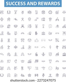 Success and rewards line icons, signs set. Achievement, Triumph, Honor, Profit, Riches, Gain, Prudence, Merit, Remuneration outline vector illustrations.