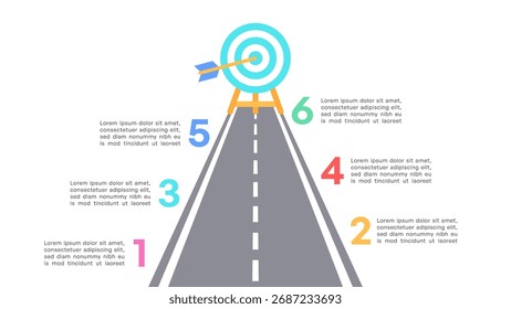 Infografía de la hoja de ruta del éxito con seis pasos numerados y Ilustración vectorial de objetivos de flecha