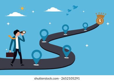 Success roadmap journey, cartoon character of businessman finding a business roadmap and target milestones. Route, pathway to achieve goals, way to success, look at achievement milestone illustratin.